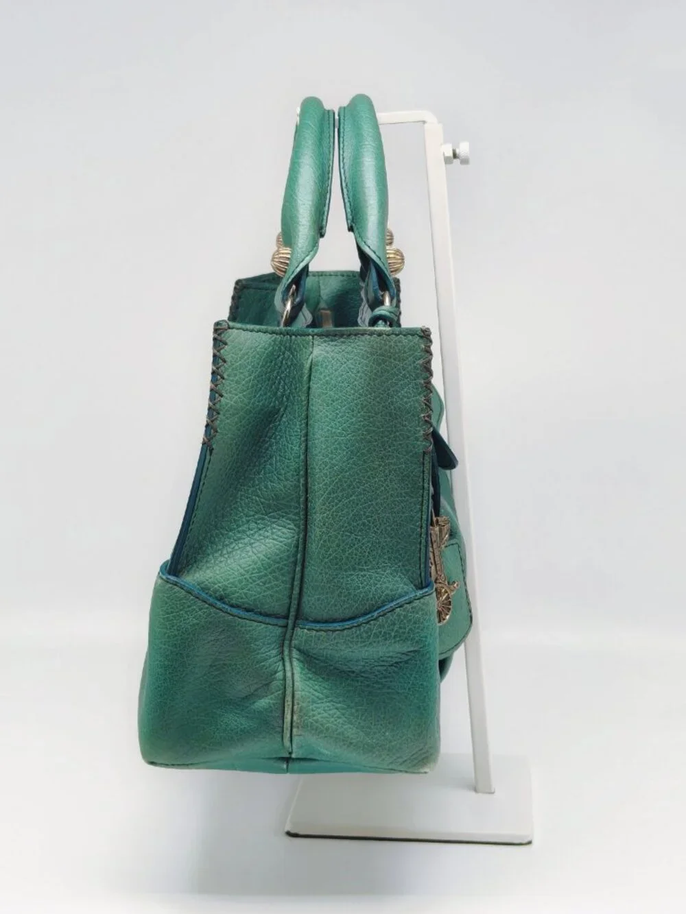 Celine Pebbled Leather Satchel Handbag Turquoise Blue Teal Silver Hardware
